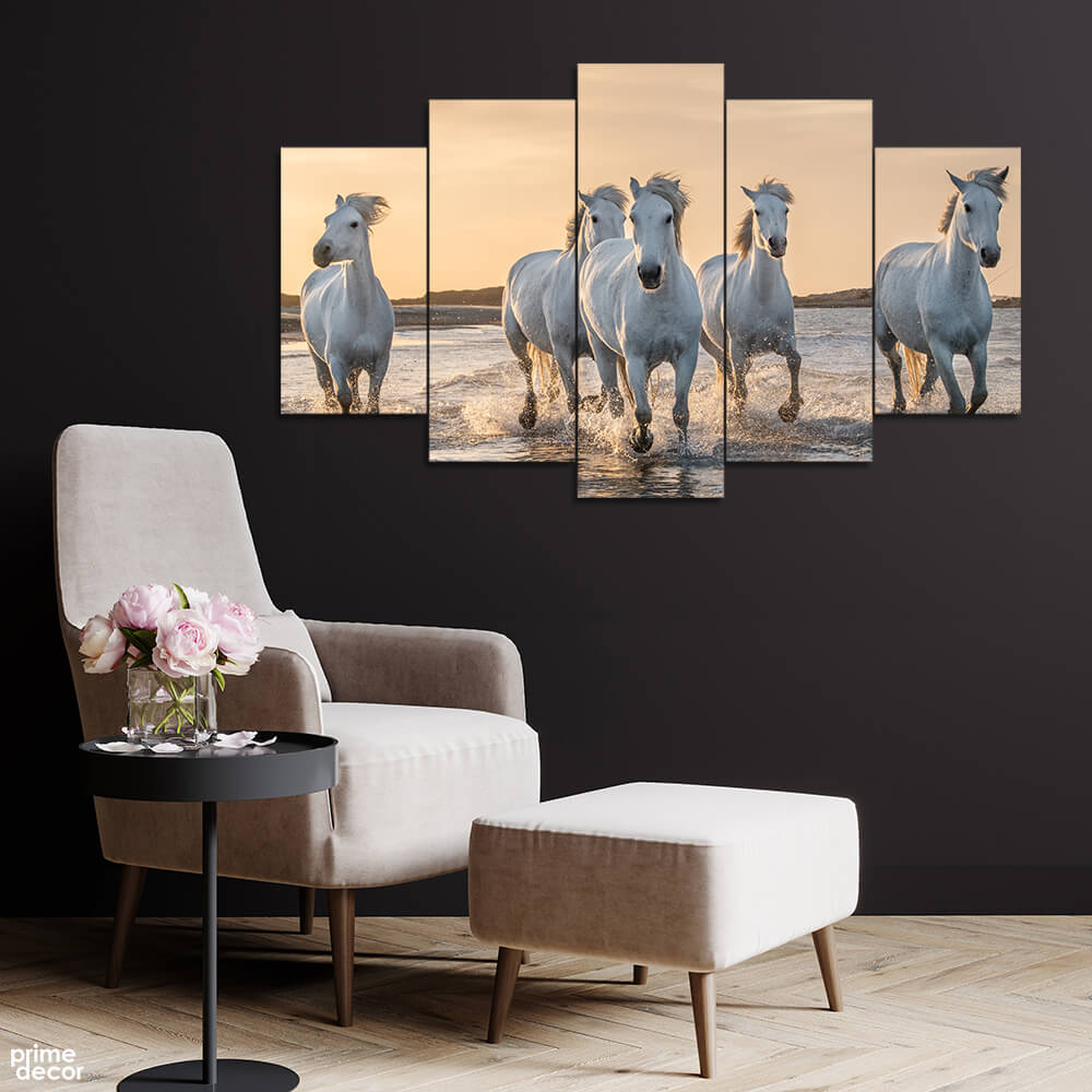 White Horses Camargue Beach (5 Panel) Animal Wall Art - Prime Décor