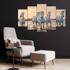 White Horses Camargue Beach (5 Panel) Animal Wall Art - Prime Décor
