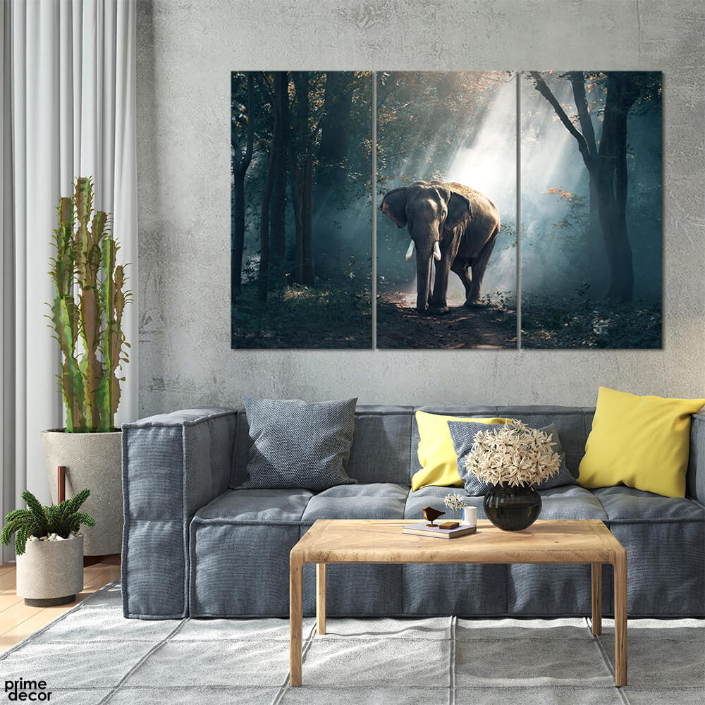 Wild Elephant in Forest (3 Panel) Animal Wall Art - Prime Décor