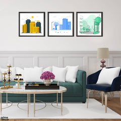 Yellow Blue And Green Buildings Architecture (3 Panel) Square Wall Art - Prime Décor