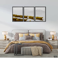 Yellow Rustic Boats in a Line (3 Panel) Landscape Wall Art - Prime Décor