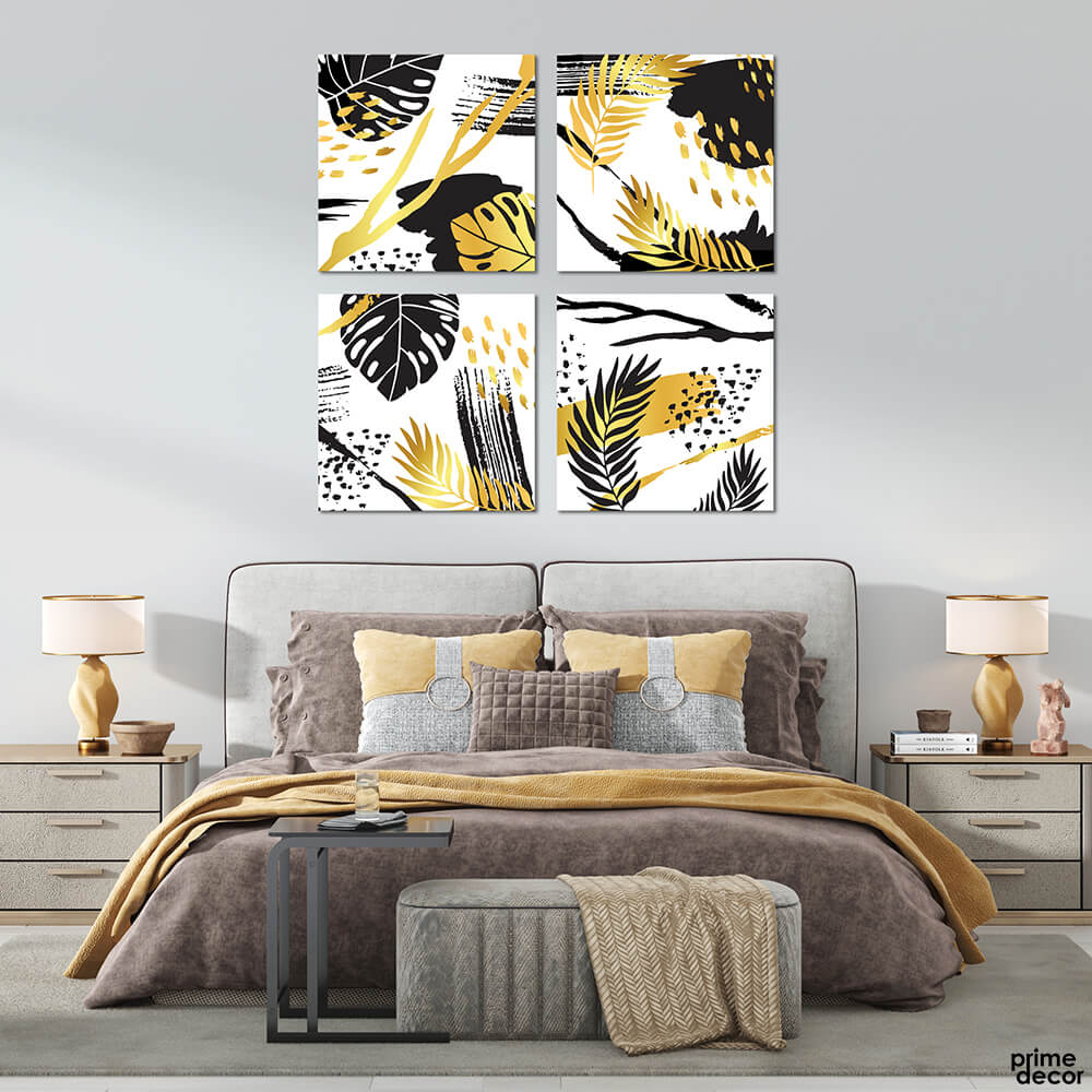 Yellow & Black Vector Style Tropical Leaves (4 Panel) Floral Wall Art - Prime Décor
