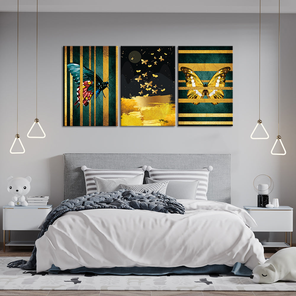 Golden Structured Butterflies (3 Panel) Aesthetic Wall Art On Sale - Prime Décor