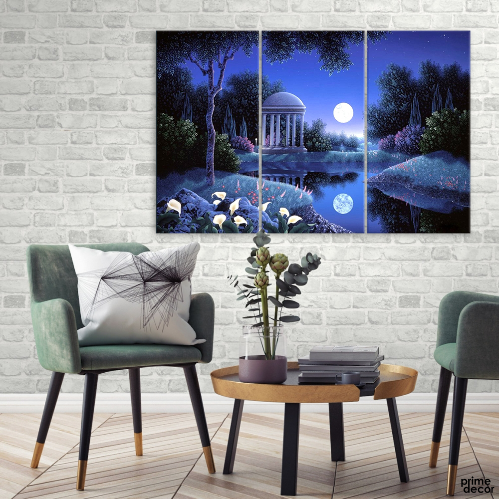 Glowing Blue Moonlight (3 Panel) Nature Wall Art - Prime Décor
