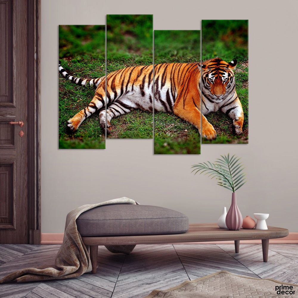 Tiger on Green Grass (4 Panel) | Animal Wall Art - Prime Décor