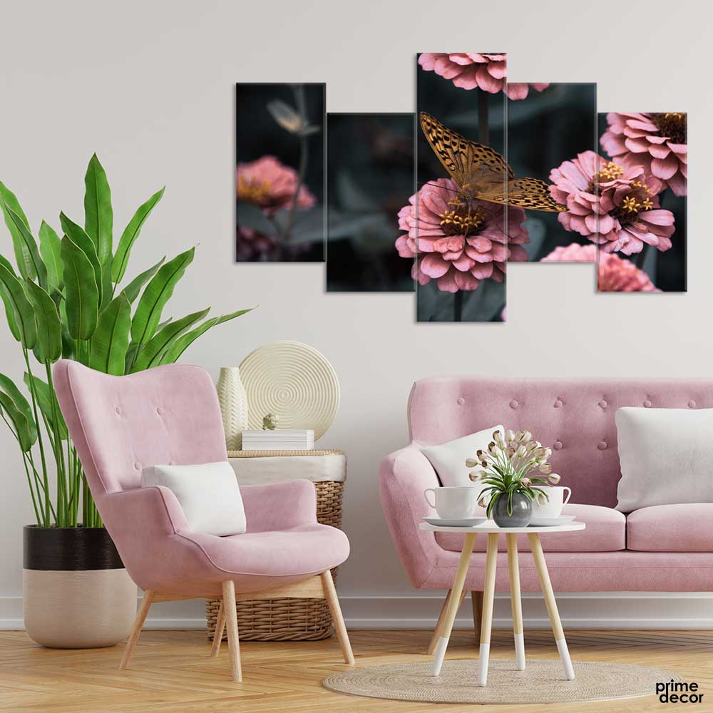 Pink Flowers & Butterfly Beauty (5 Panels) | Floral Wall Art - Prime Décor