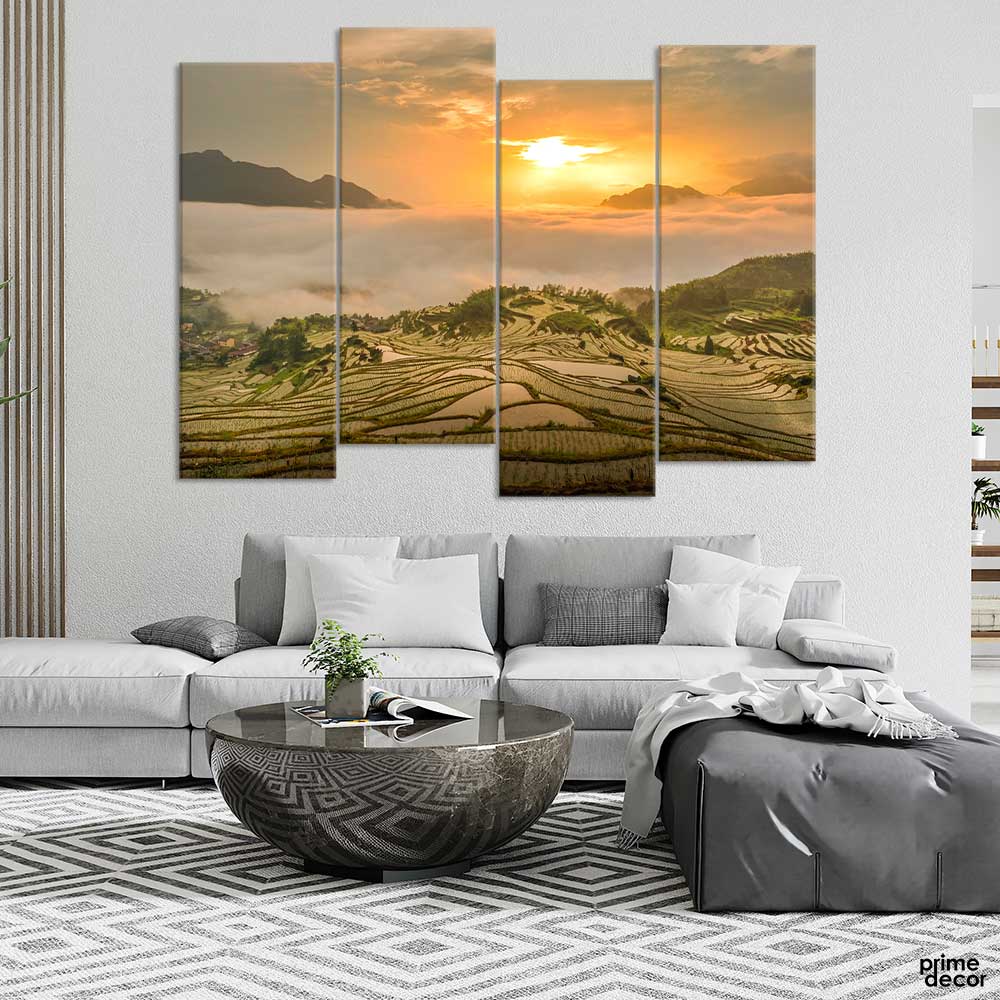 Hill Fog & Sunset (4 Panel) | Nature Wall Art - Prime Décor