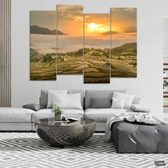 Hill Fog & Sunset (4 Panel) | Nature Wall Art - Prime Décor