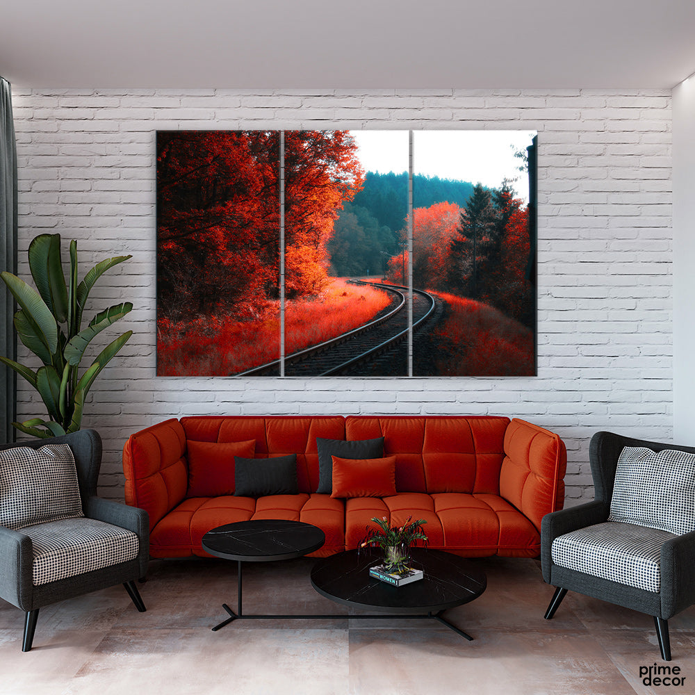 Railway Autumn Forest (3 Panel) Travel Wall Art - Prime Décor