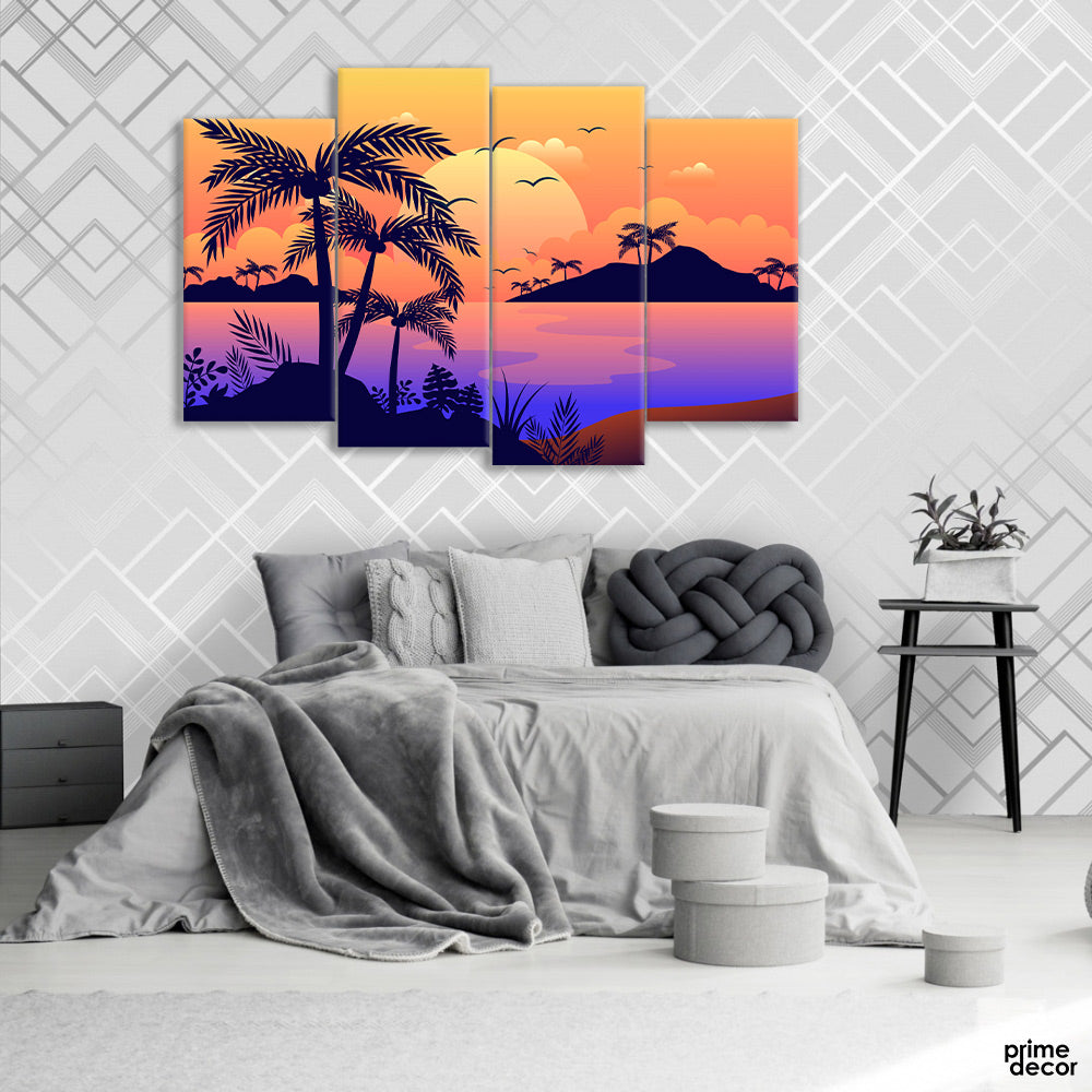 Orange Sky Illustration (4 Panel) | Nature Wall Art - Prime Décor