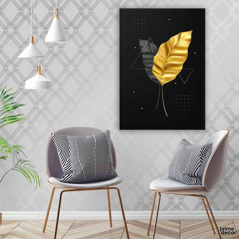 Realistic Gold Leaves with Black Background (Single Panel) | Abstract Wall Art - Prime Décor