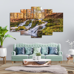 Waterfall Yellow Autumn (5 Panel) Nature Wall Art - Prime Décor