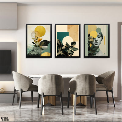 Abstract Women Face With Black & Gold Floral Artwork (3 Panel) Fashion Wall Art