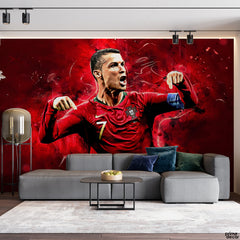 Ronaldo Celebrating With Red Grunge Background | Sports Wallpaper Mural