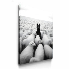 Black Doberman in White Sheep Herd