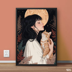 Midnight Purr & Full Moon Glow | Whimsical Girl and Cat | Poster Wall Art