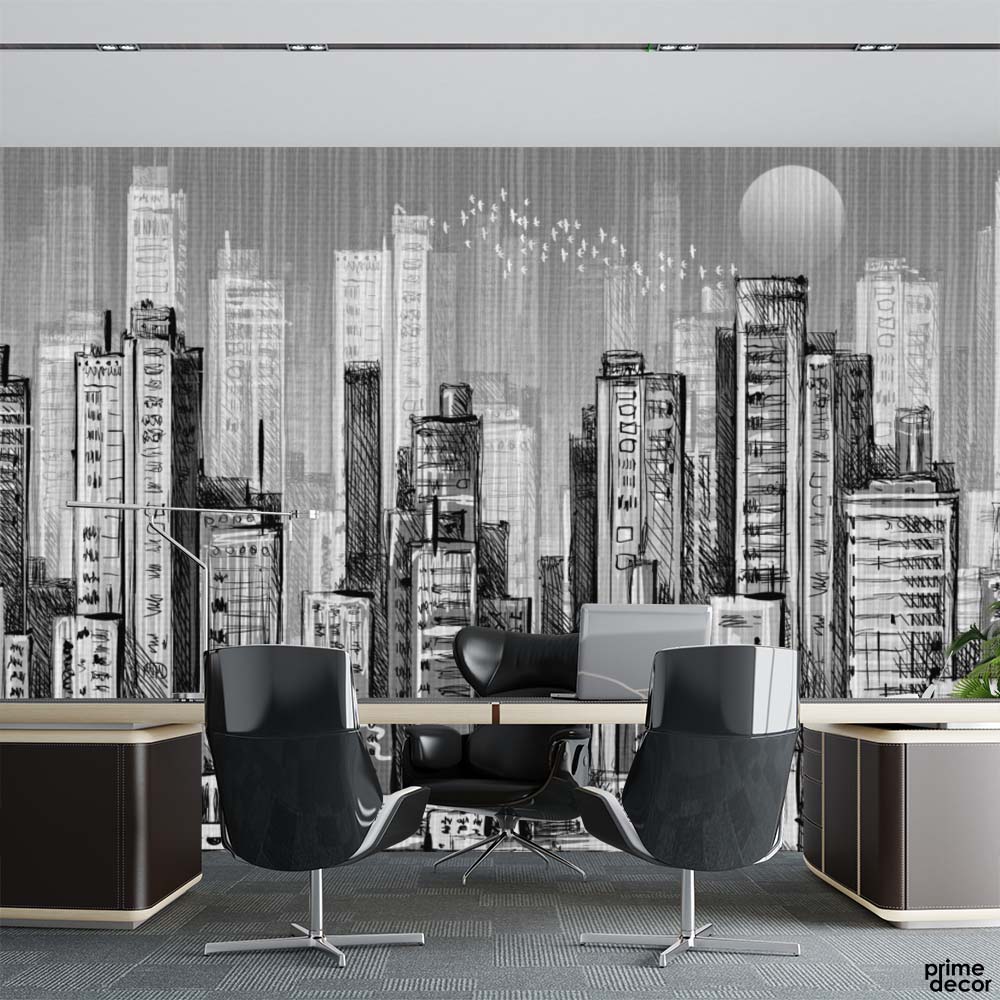 Grayscale Pencil Urban Skyscrapers | Architecture Wallpaper Mural - Prime Décor