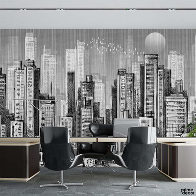 Grayscale Pencil Urban Skyscrapers | Architecture Wallpaper Mural - Prime Décor