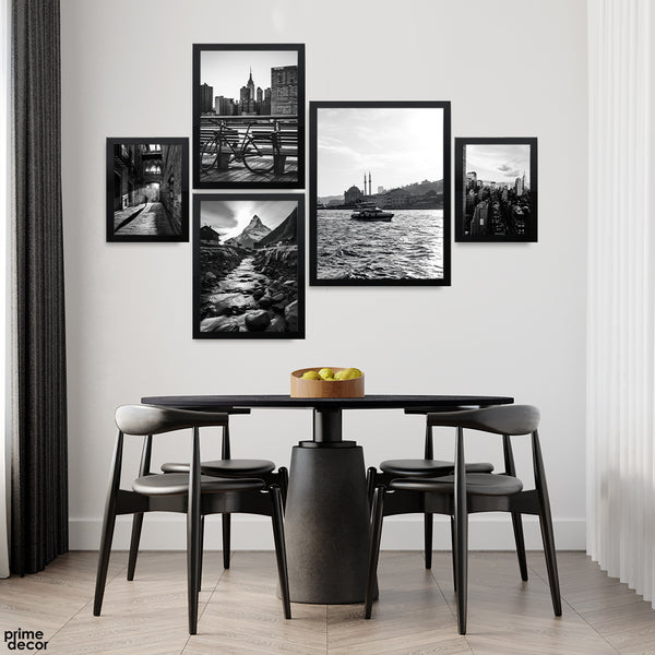 Urban Famous Places Grayscale Luxury Artwork (5 Panel) Architecture Wall Art