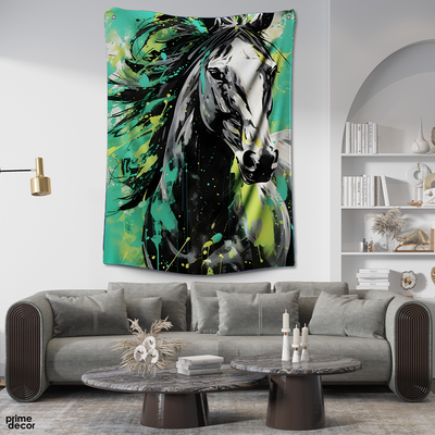 Abstract Black & White Horse Over Green Background | Animal Tapestry - Prime Décor