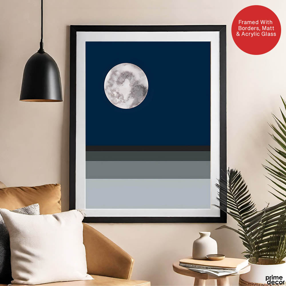 Navy Blue & Grey Moon | Abstract Office Artwork #002 - Prime Décor