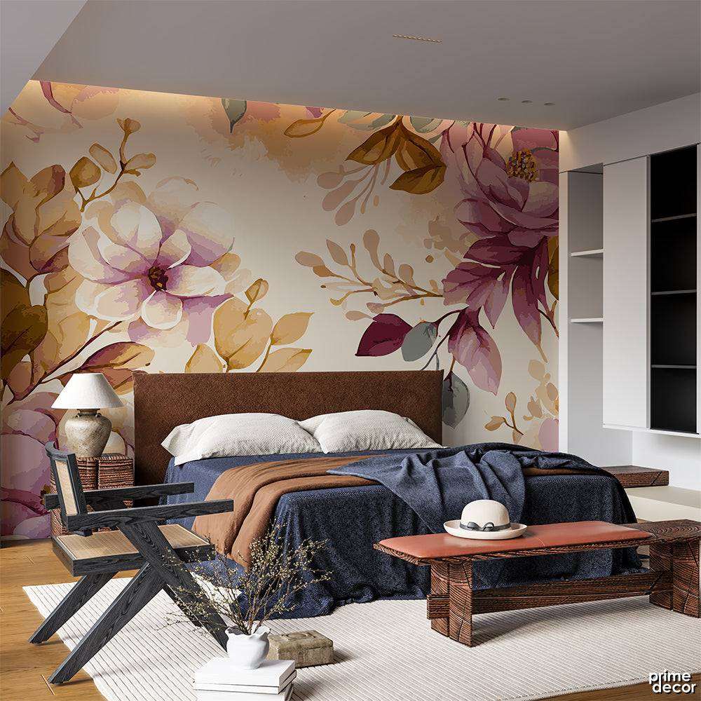 Beige Pastel Watercolor Style Flowers | Floral Wallpaper Mural - Prime Décor