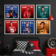 Top F1 Formula Racing Players with Typography Background (6 Panel) Sports Wall Art