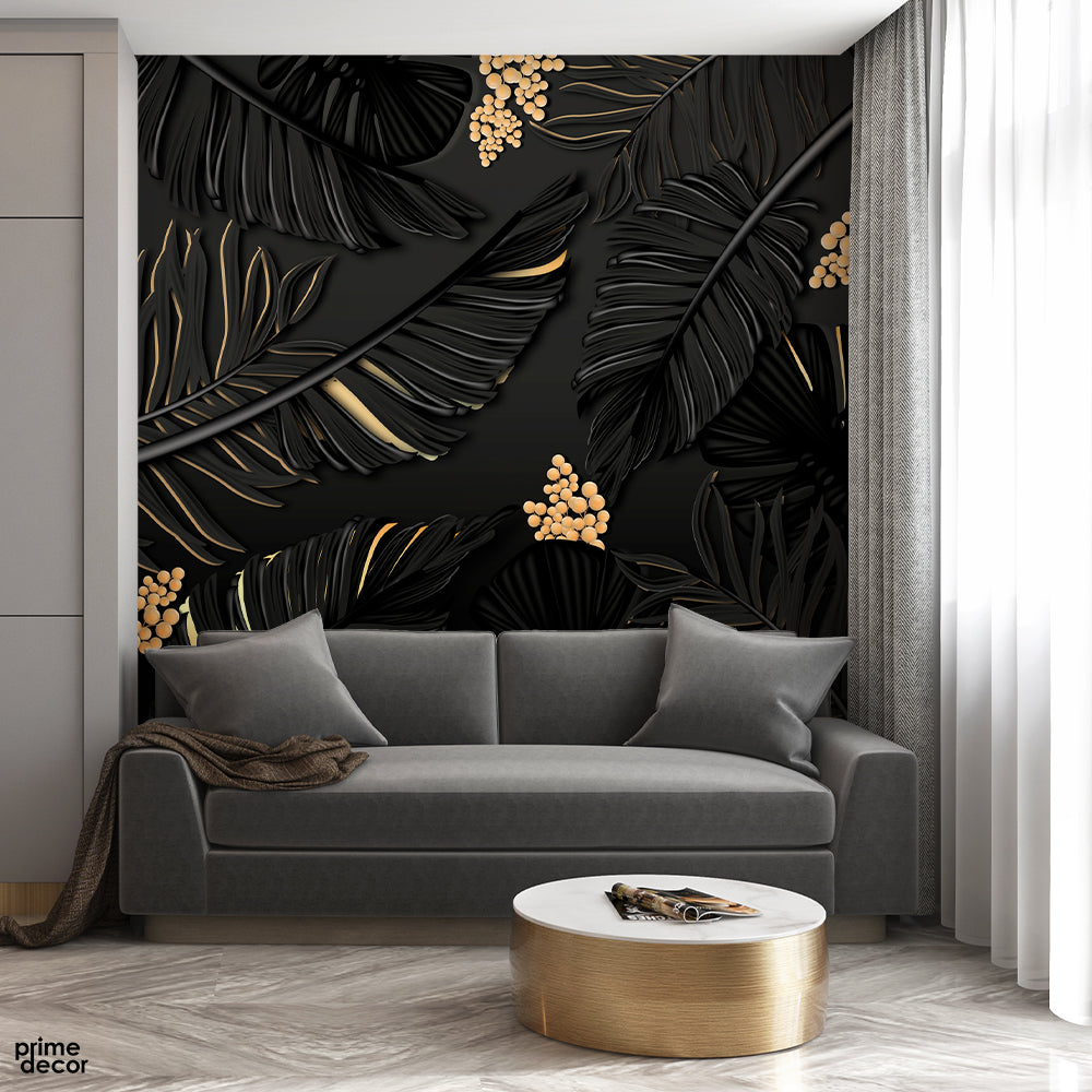 Black & Gold Abstract Beautiful Floral Design | Floral Wallpaper Mural - Prime Décor