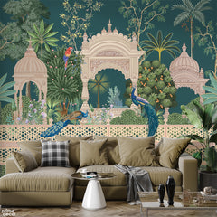 Classic Mughal Era Arches With Peacocks Design | Floral Wallpaper Mural