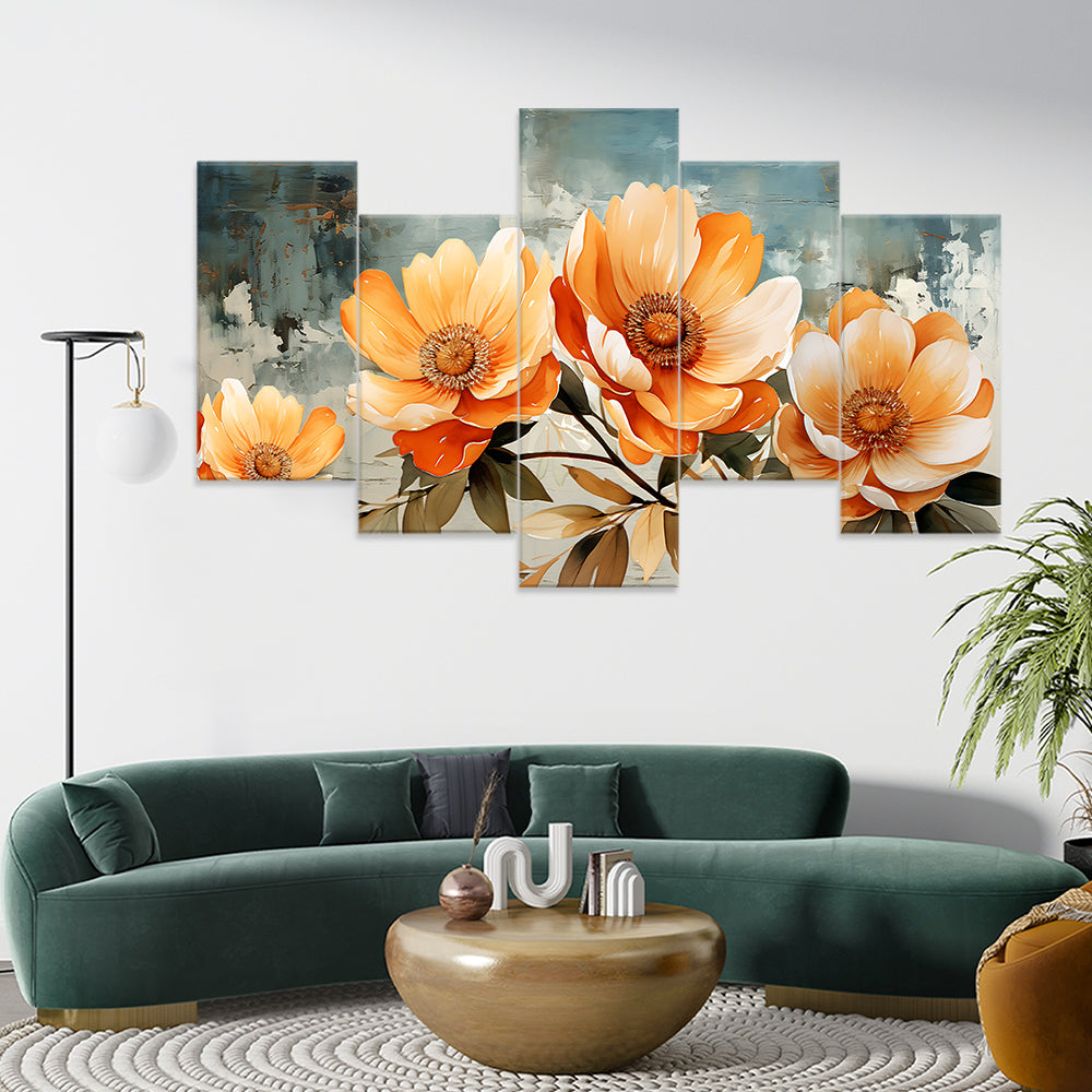 Beautiful Orange Flowers Over Green Background (5 Panel) Floral Wall Art - Prime Décor