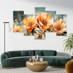 Beautiful Orange Flowers Over Green Background (5 Panel) Floral Wall Art - Prime Décor
