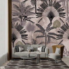Bold Silhouette Palm Leaves With Distressed Dusty Pink Background | Modern Boho Tropical Wallpaper Mural
