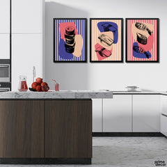 Greyscale Sushi With Duotone Stripes (3 Panel) Food Wall Art