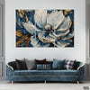 Beautiful Abstract White & Gold Flower Over Blue Background (3 Panel) Floral Wall Art - Prime Décor