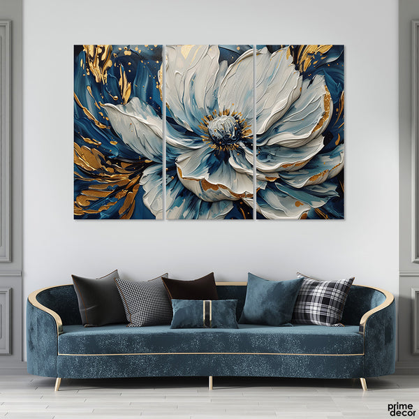 Beautiful Abstract White & Gold Flower Over Blue Background (3 Panel) Floral Wall Art - Prime Décor