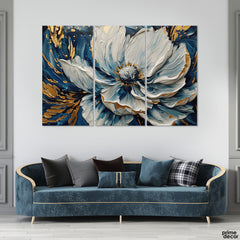 Beautiful Abstract White & Gold Flower Over Blue Background (3 Panel) Floral Wall Art - Prime Décor