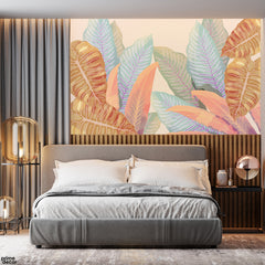 Large Pastel Tropical Leaves With Peach & Mint Tones | Boho Botanical Wallpaper Mural