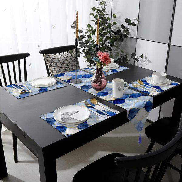 Blue & Gold Marble Style Quatrefoil Pattern | Table Runner and Placemat Set