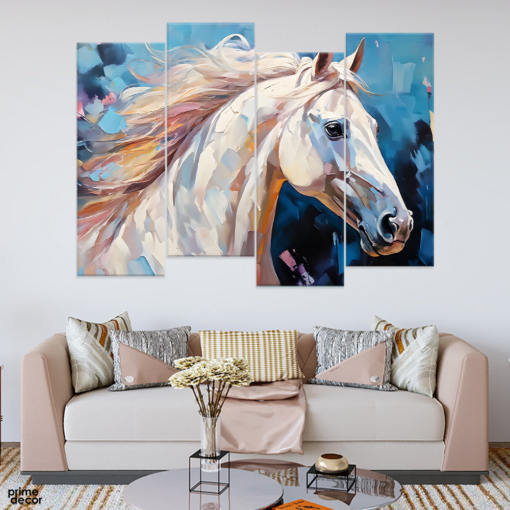 Abstract Beautiful White Horse Over Blue Background (4 Panel) Animal Wall Art - Prime Décor