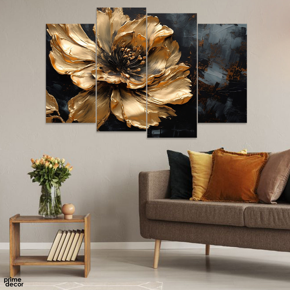 Beautiful Gold Flower Over Black Background (4 Panel) Floral Wall Art - Prime Décor