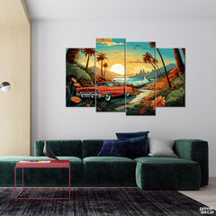 Vintage Red Muscle Car At Sunset (4 Panel) Car Wall Art - Prime Décor