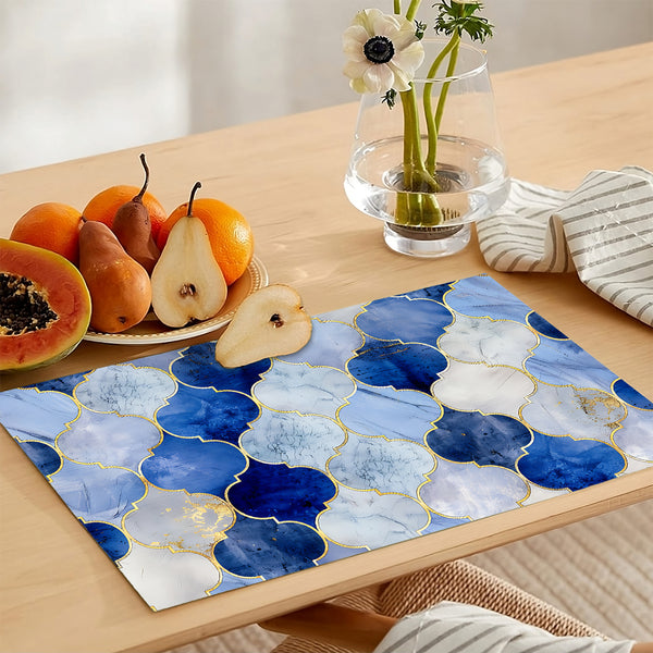 Blue & Gold Marble Style Quatrefoil Pattern | Table Runner and Placemat Set