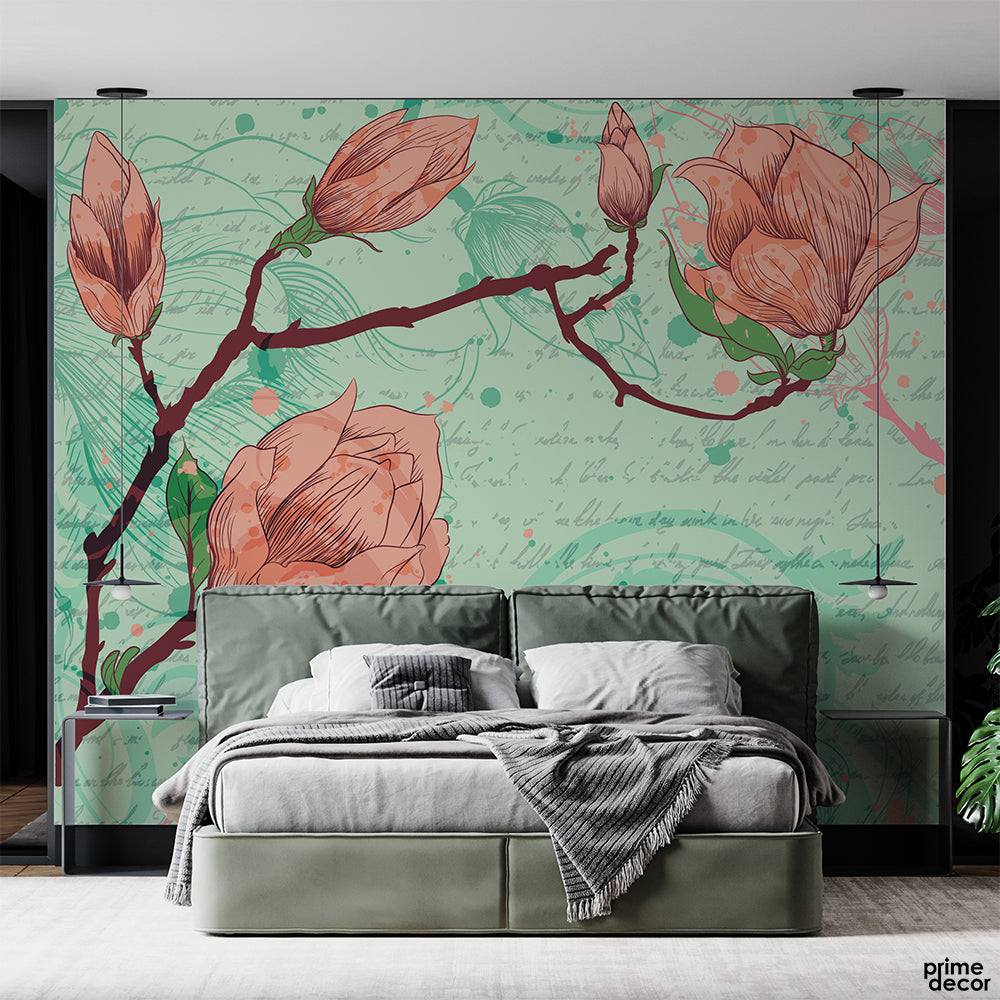Peachy Flower Buds With Handwritten Style Green Background | Floral Wallpaper Mural - Prime Décor