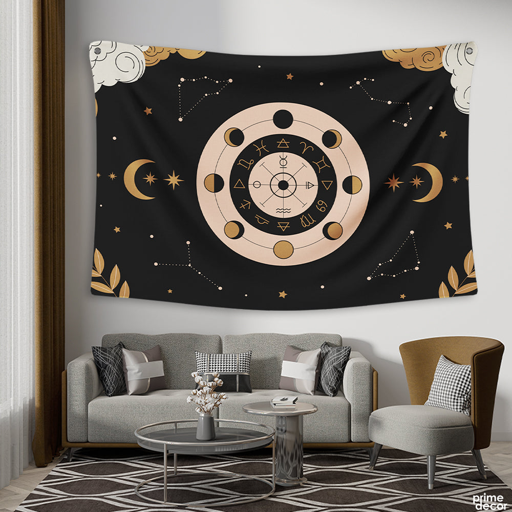 Moon & Stars In The Space Constellation | Zodiac Tapestry - Prime Décor