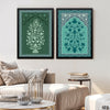 Green & Teal Mughal Era Style Arch Frescos (2 Panel) Classical Wall Art
