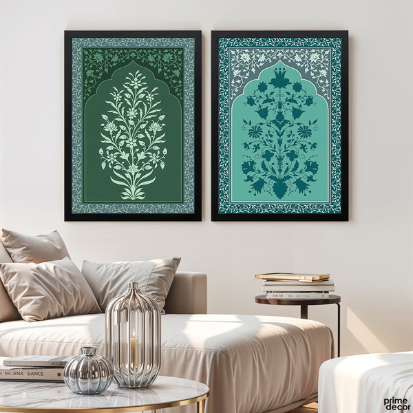 Green & Teal Mughal Era Style Arch Frescos (2 Panel) Classical Wall Art