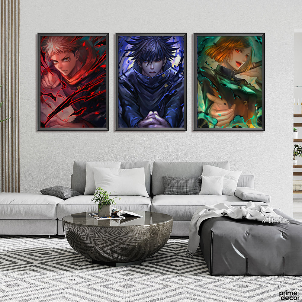 Satoru, Nobara & Yugi Emitting Energies Jujutsu Kaisen (3 Panel) Anime Wall Art - Prime Décor