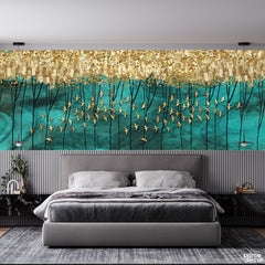 Abstract Golden Birds & Tree Silhouettes With Vibrant Teal Background | Modern Luxury Wallpaper Mural