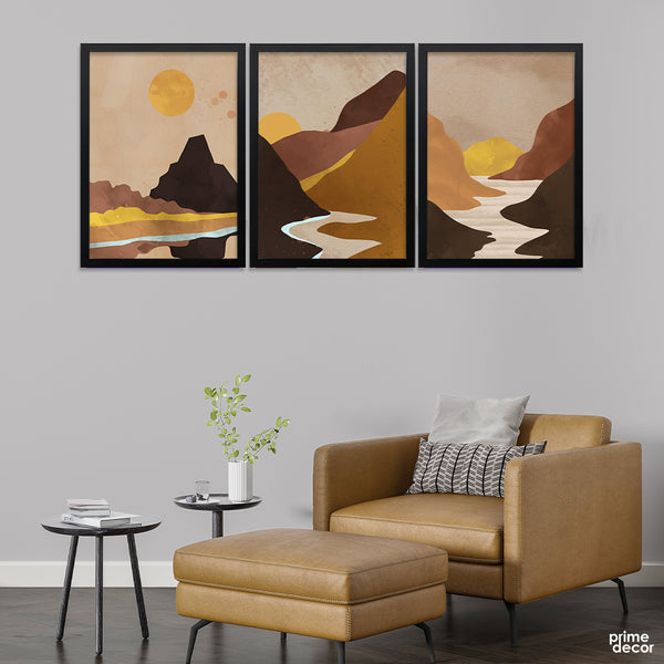 Black & Gold Abstract Mountains Design With Sun (3 Panel) Nature Wall Art - Prime Décor
