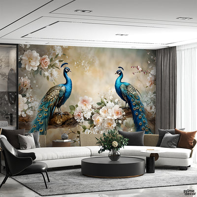 Exotic Peacocks Sitting on Floral Tree Branch | Floral Wallpaper Mural